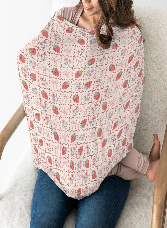 ZoUbqchY Boho Strawberry Flowers Car Seat Cover for Baby Strawberries Pink Bows Checkerboard Stretchy 5-in-1 Cover Adjustable Car Canopy Cover Summer Fruit Breathable Nursing Cover-Up - Image 3
